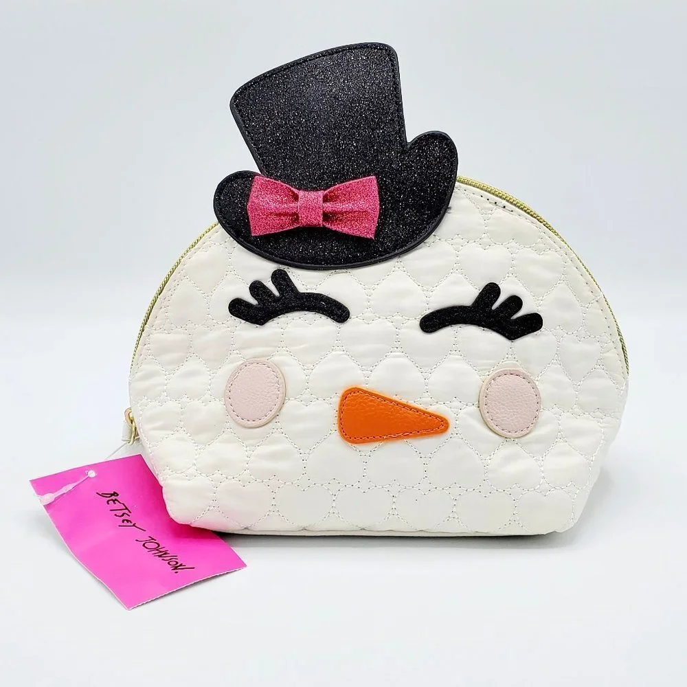 Betsey Johnson Happy Snowman‎ Kitsch Cosmetic Bag with Quilted Hearts